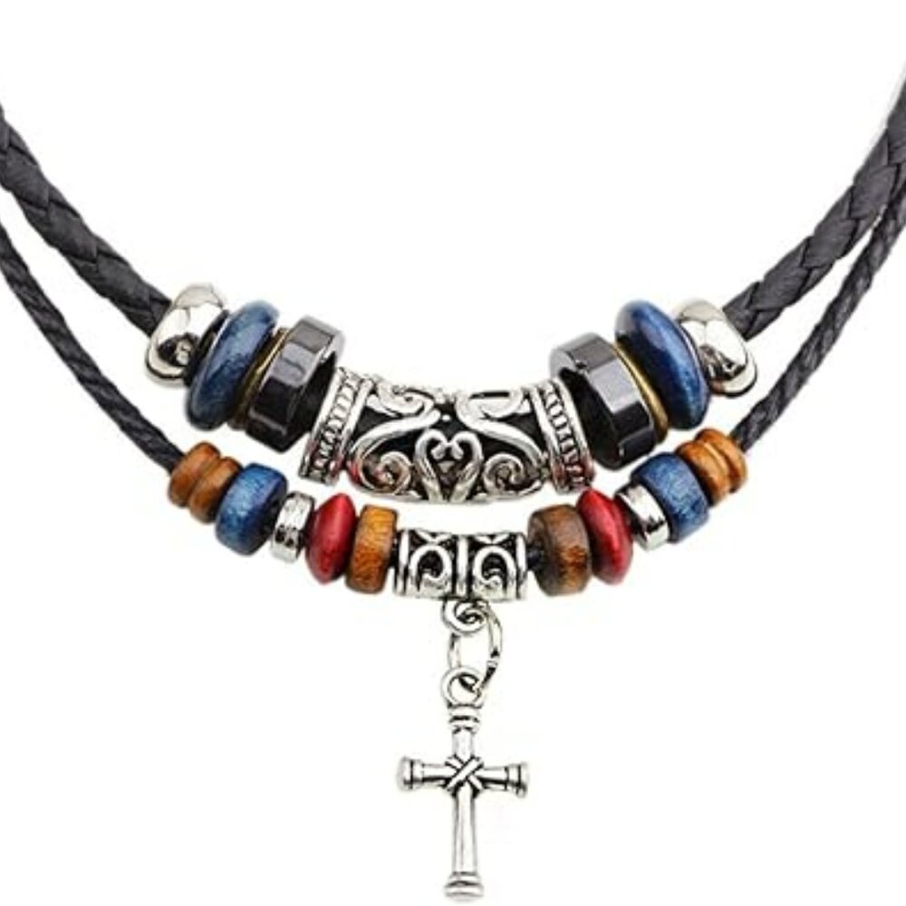 Boho Braided Leather Necklace Double Layers‎ with Cross Pendant Charm Fashion